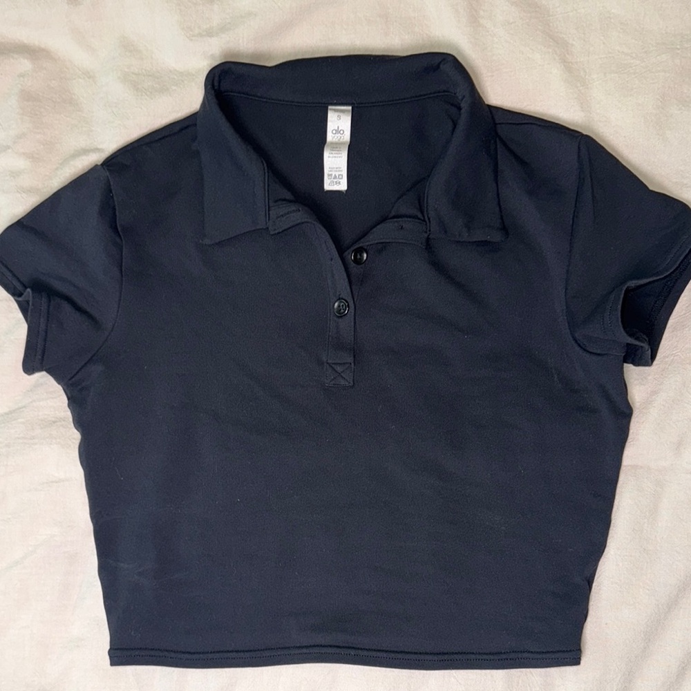 ALO Yoga black Fitted Crop Polo Button Down